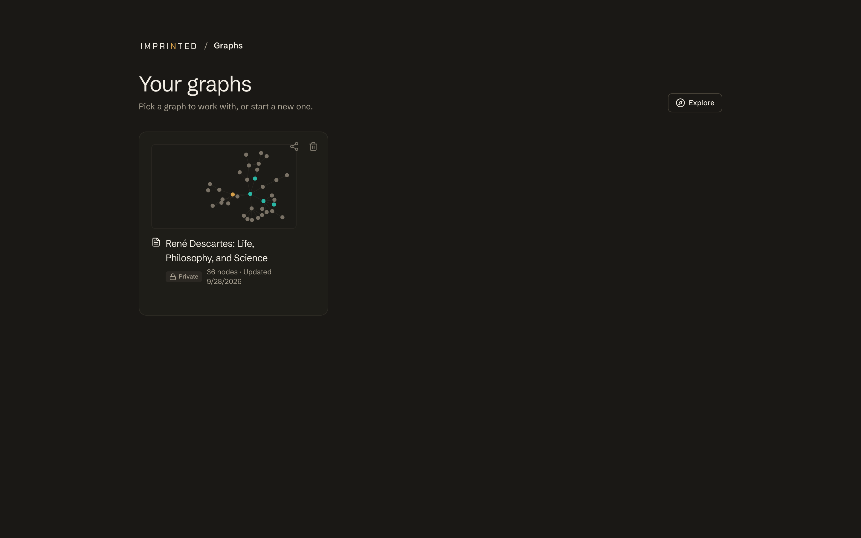 Your graphs page with a graph card: its thumbnail, node count, visibility and last-updated date